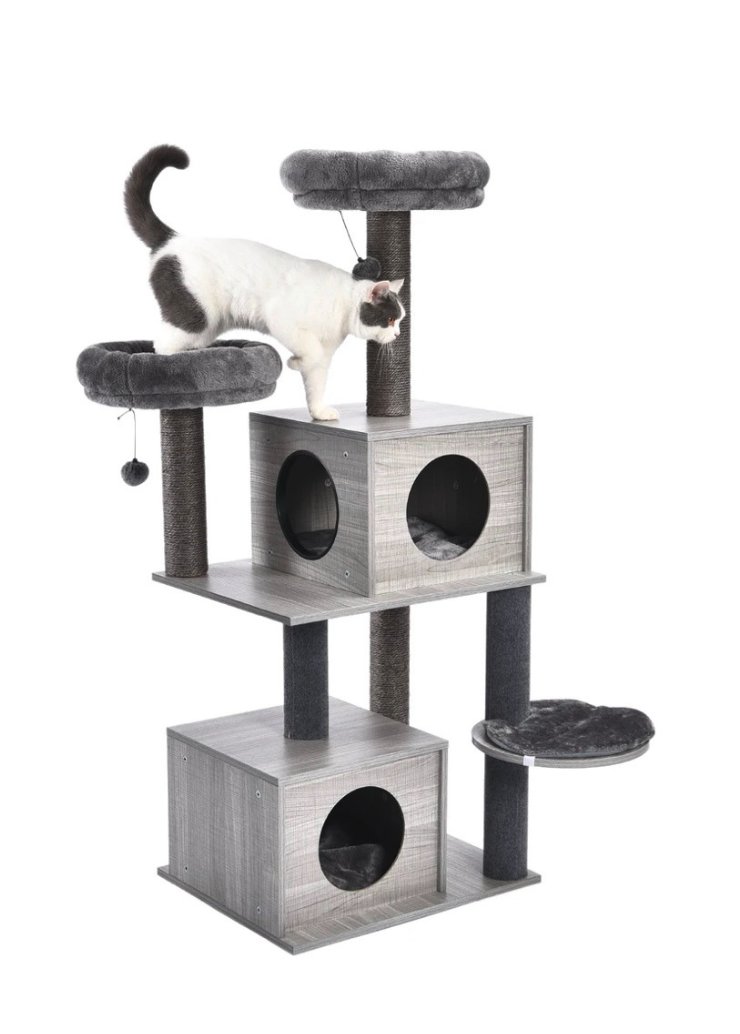 Two tier cat tower in grey oak with plush platforms and sisal posts