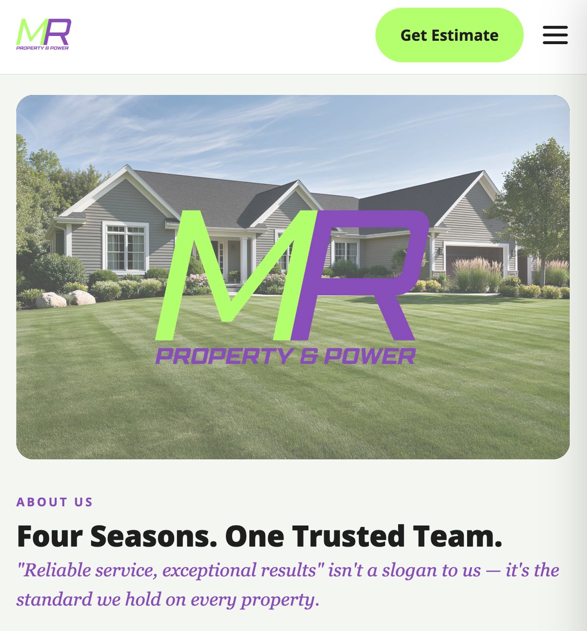 The website on mobile, the monogram set over a striped lawn above the About Us section
