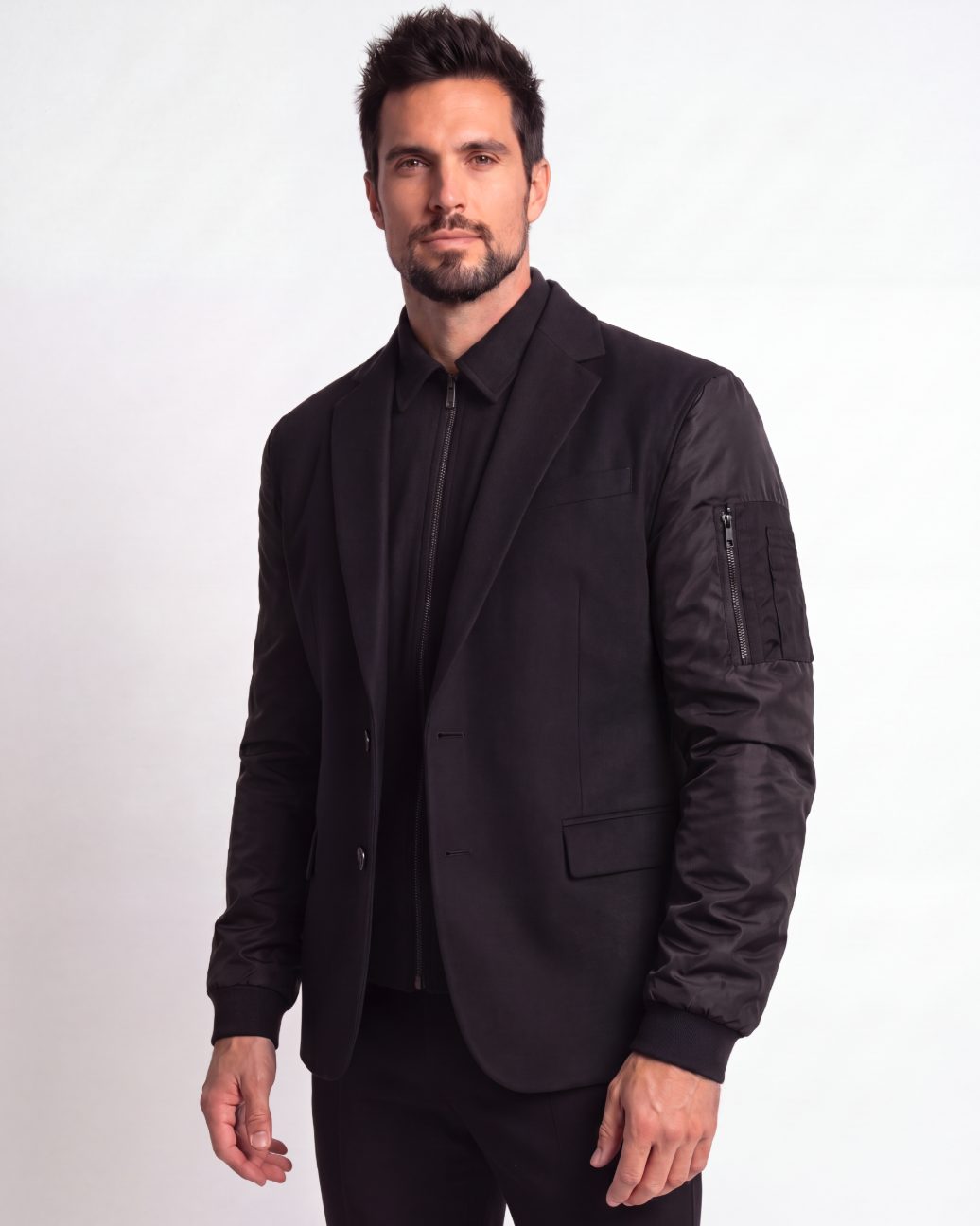 The signature blazer shot straight on in studio