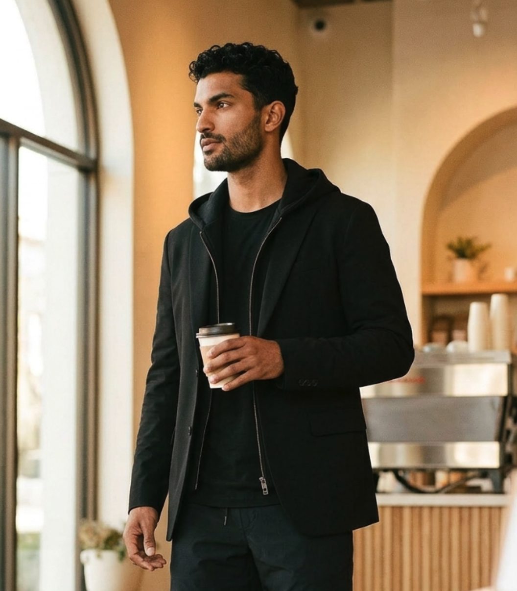 Hooded layer under the blazer, shot in a cafe