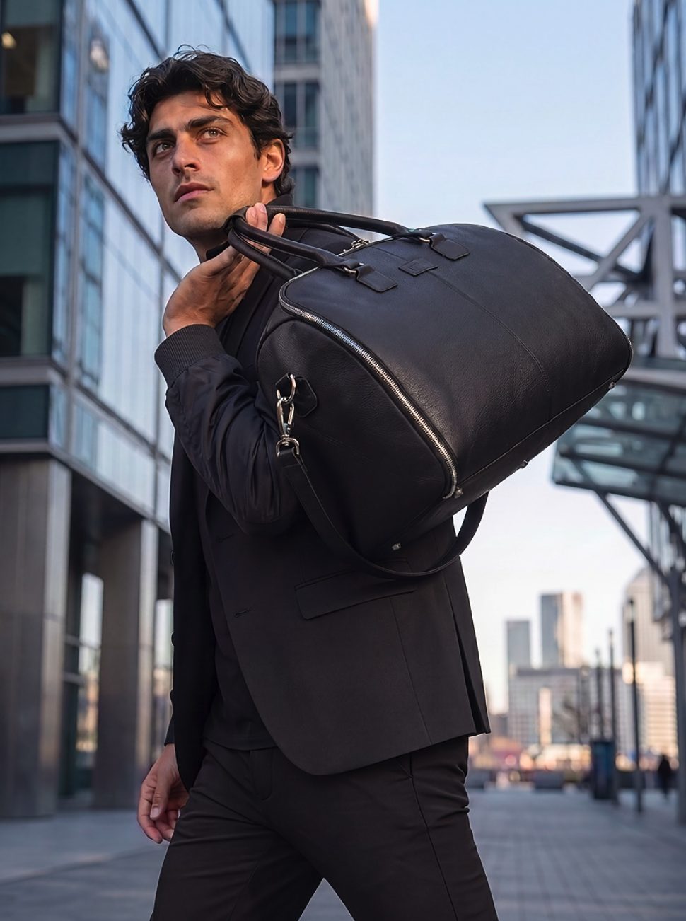 Leather weekender carried over the shoulder in the city