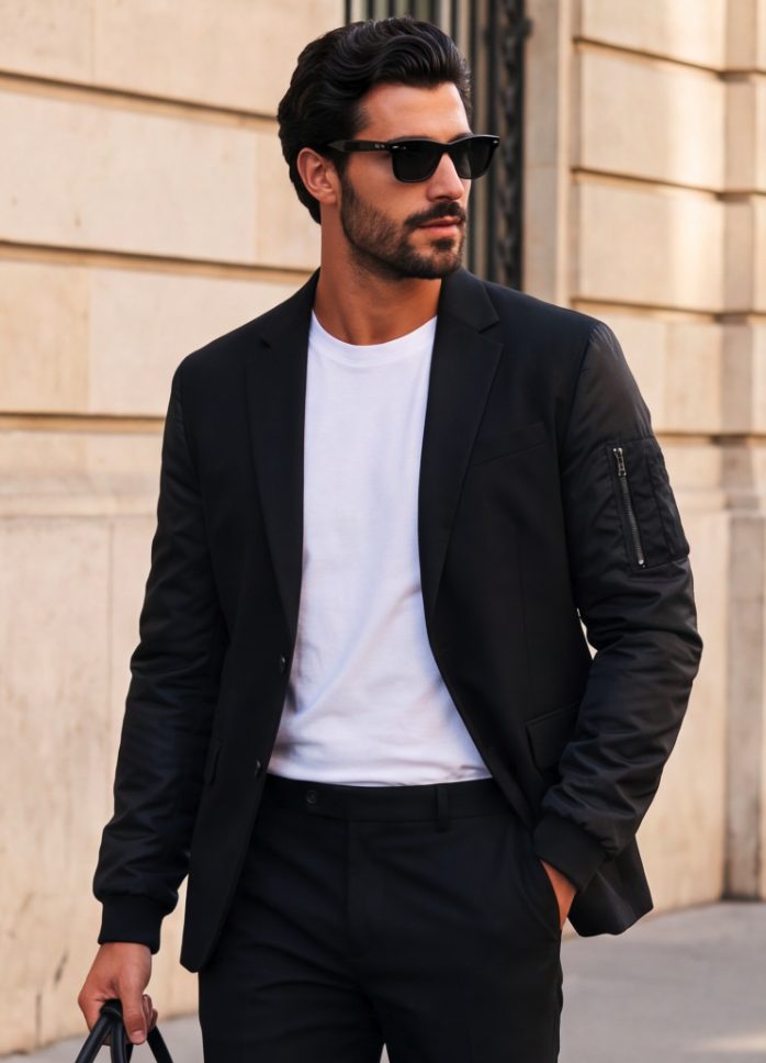 Blazer styled with a white tee on a Paris street