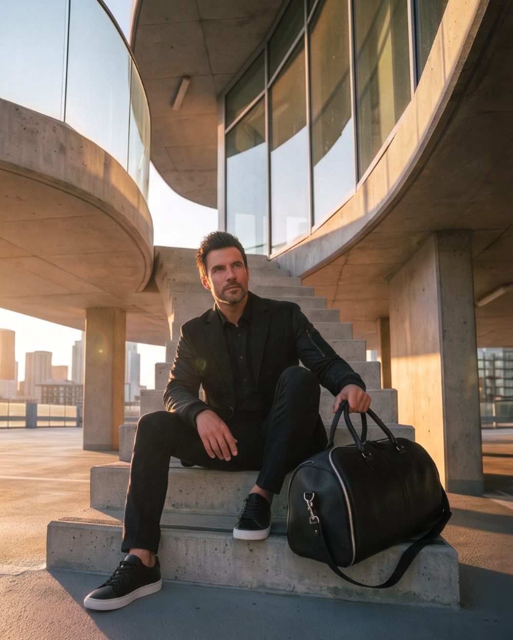 Model with the weekender on concrete steps at golden hour