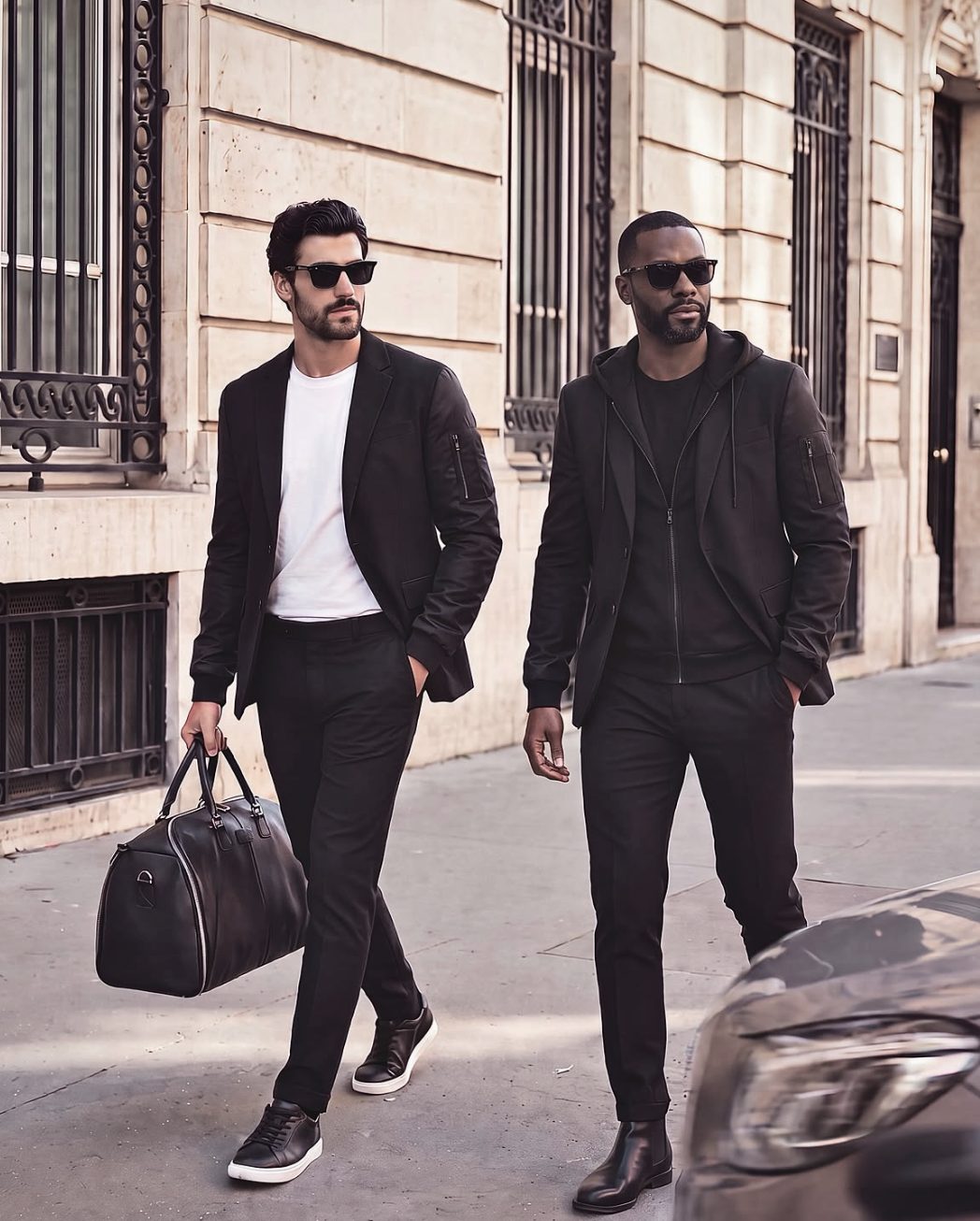 Two men in NOIR blazers on a Paris street, one carrying the leather weekender
