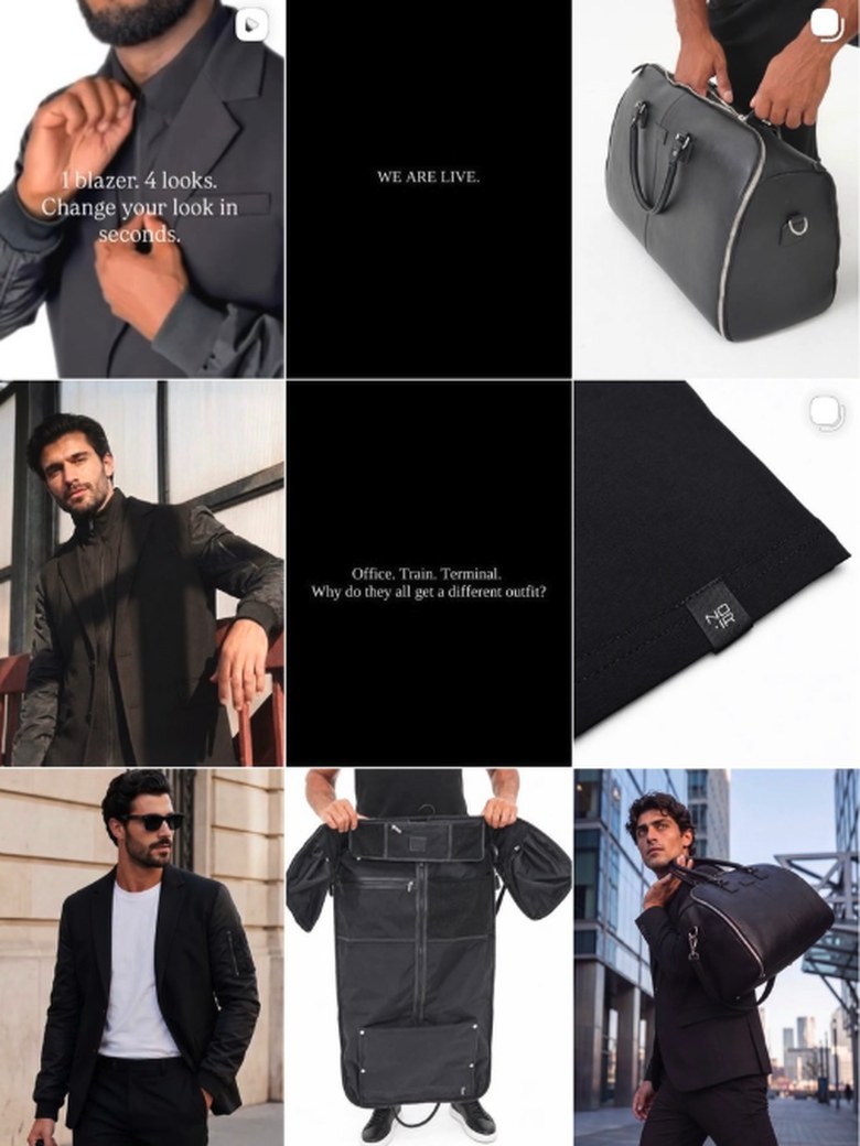 Instagram grid designed for NOIR, black and charcoal menswear photography with typographic quote tiles