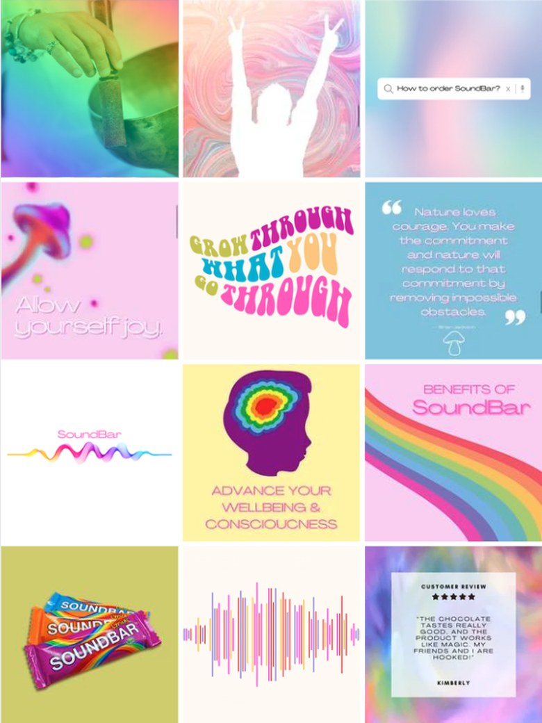 Instagram grid designed for SoundBar, saturated rainbow gradients and retro display lettering