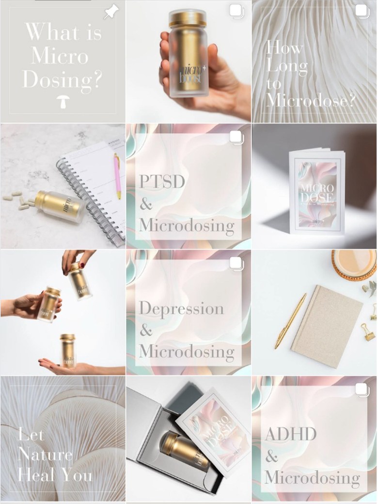 Instagram grid designed for the supplement brand, pale iridescent gradients and gold packaging