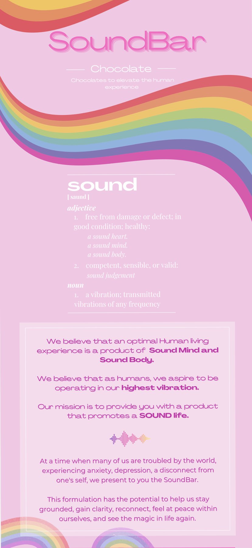 The SoundBar brand sheet, defining sound as a word and setting out the brand mission over a rainbow field