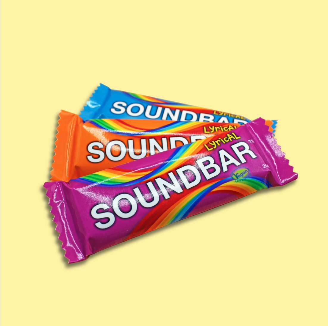 The same three bars shot on pale yellow