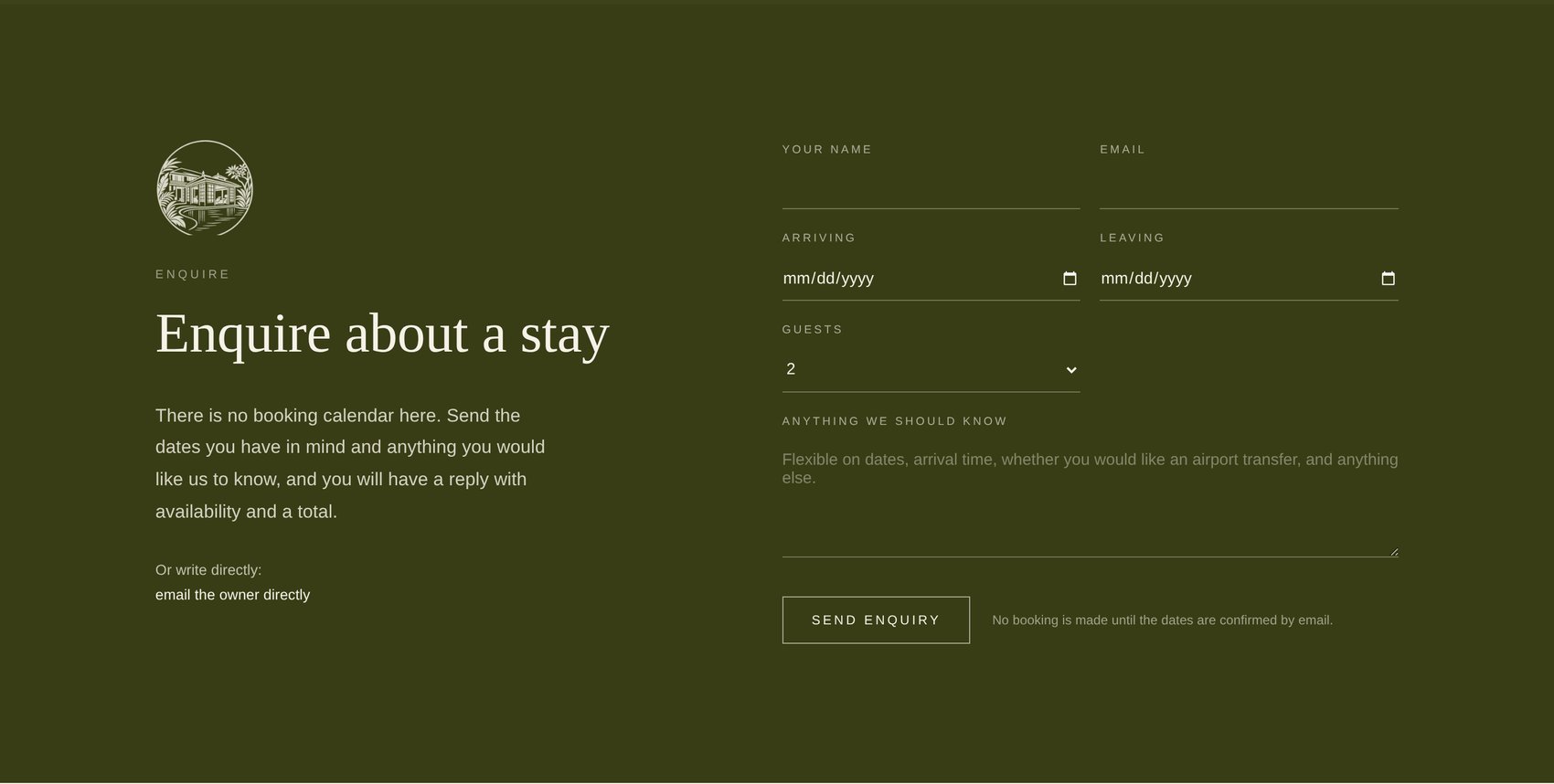 The Enquire about a stay panel, a form rather than a booking engine