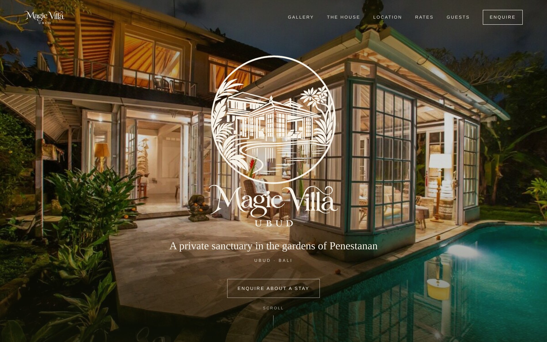 The Magic Villa Ubud home page, the crest set over the lit villa and pool at dusk